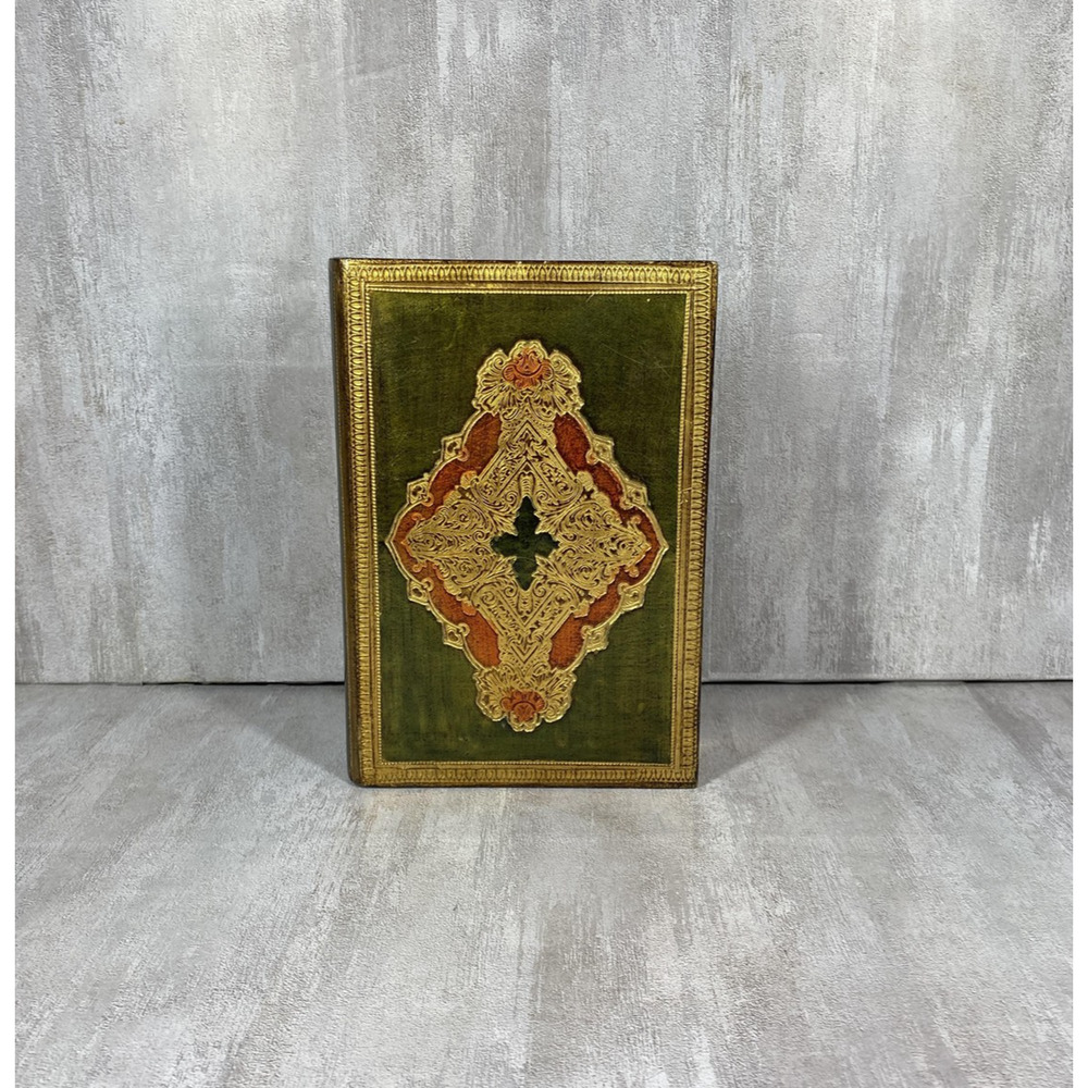 Vintage Reuge Book Form Music Box Ornate Green Gold Wood Jewelry Trinket Italy